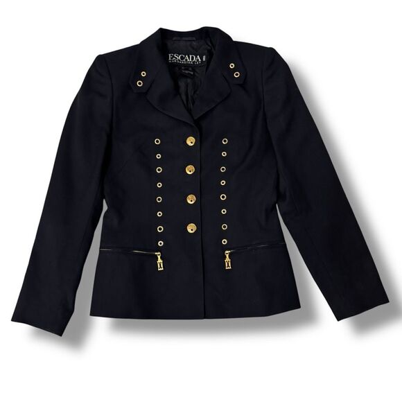 Escada Margaretha Ley Navy Blue Wool Blazer with Gold Grommets Size 36 US 4 - Picture 3 of 8